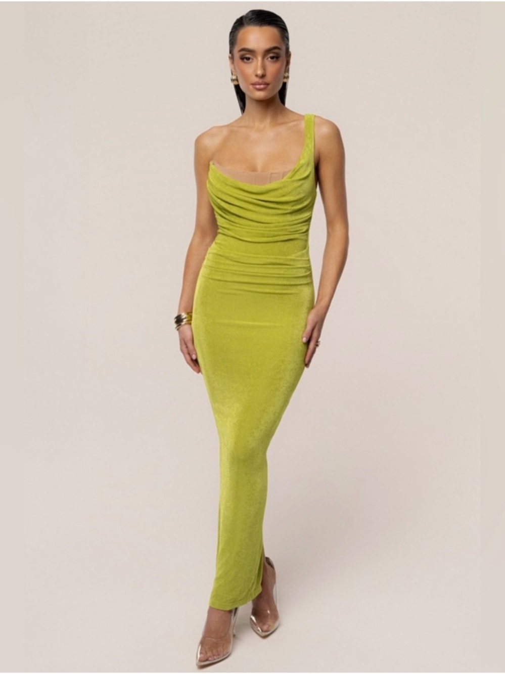 NWT JLuxLabel LIME GREEN SLINKY KRISHNA ONE SHOULDER MAXI DRESS